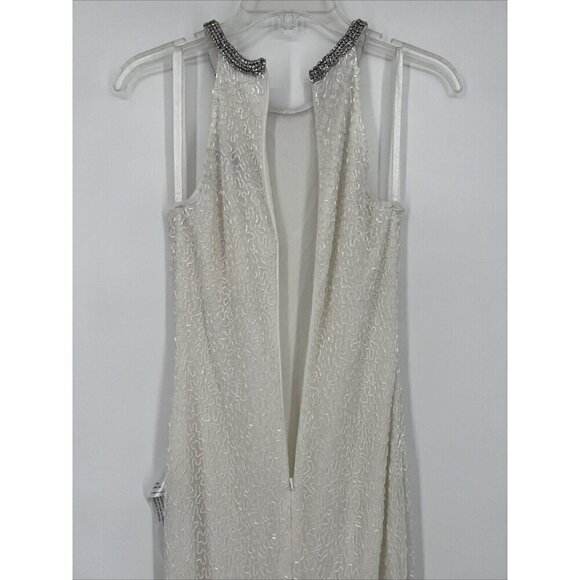 Mac Duggal Womens 4 White Beaded Sleeveless Halter Formal Long Gown Dress Flaws - Picture 11 of 16